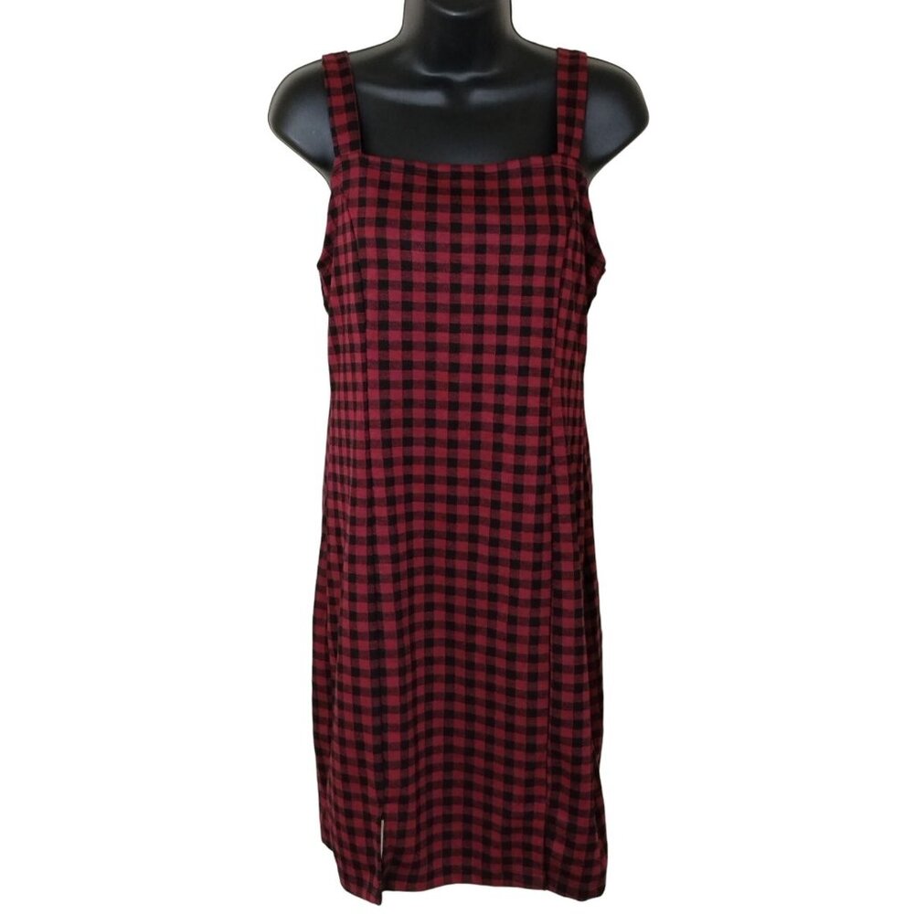 Good Luck Gem Juniors Large Burgundy and Black Plaid Shift Dress